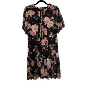Stella + Julie Black Floral Print Fully Lined Sheer Shortsleeve Drop Waist Dress